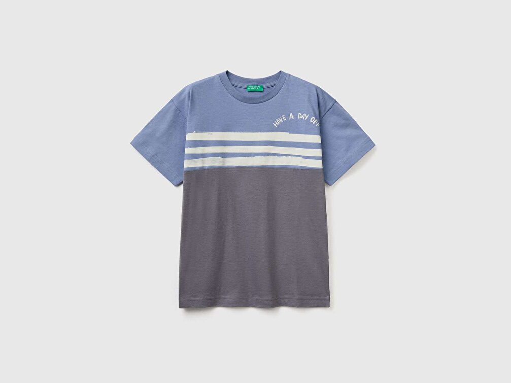 Benetton Erkek Çocuk Mavi Su Bazlı Şerit Baskılı T-Shirt