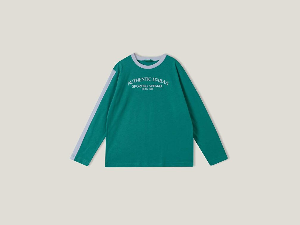 Benetton Erkek Çocuk Yeşil Kolu Şerit Detaylı UCB Su Baskılı T-Shirt