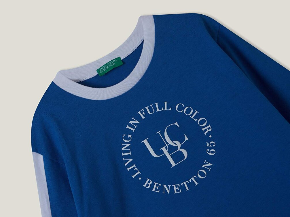 Benetton Erkek Çocuk Saks Mavi Kolu Şerit Detaylı UCB Su Baskılı T-Shirt