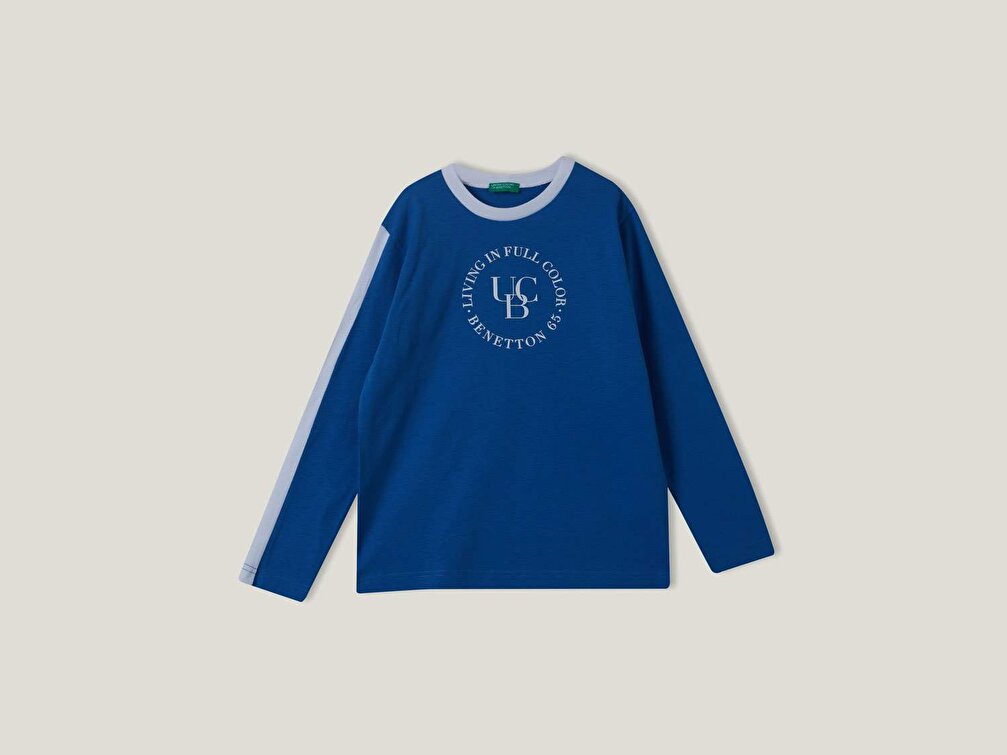 Benetton Erkek Çocuk Saks Mavi Kolu Şerit Detaylı UCB Su Baskılı T-Shirt