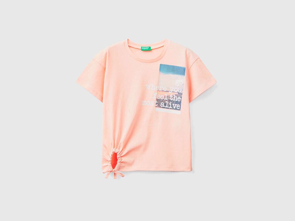 Benetton Kız Çocuk Açık Pembe Grafik Baskılı Simli Crop T-Shirt