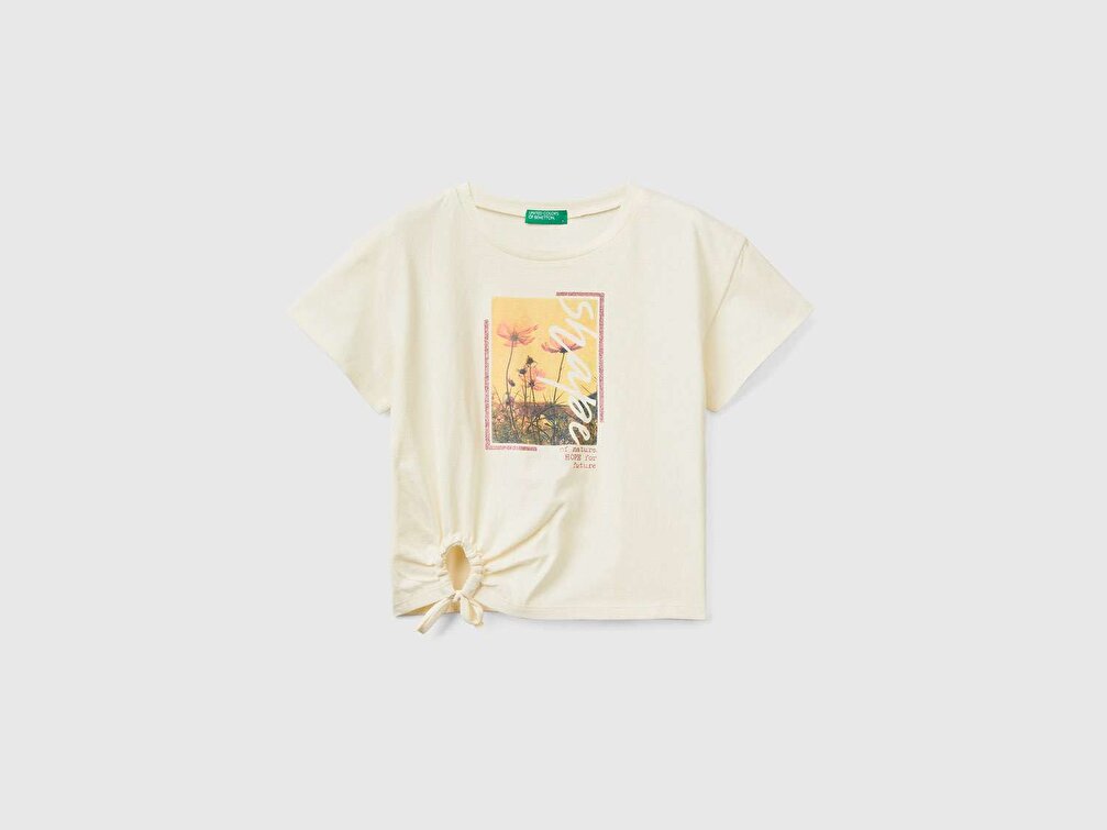 Benetton Kız Çocuk Krem Grafik Baskılı Simli Crop T-Shirt