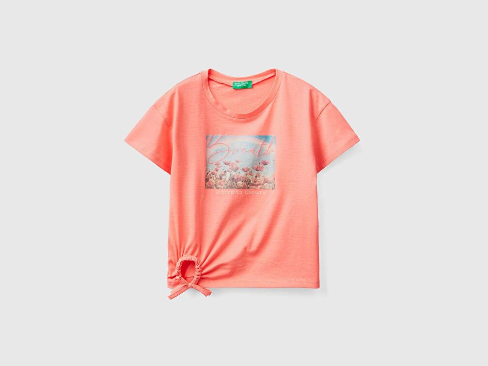 Benetton Kız Çocuk Mercan Grafik Baskılı Simli Crop T-Shirt
