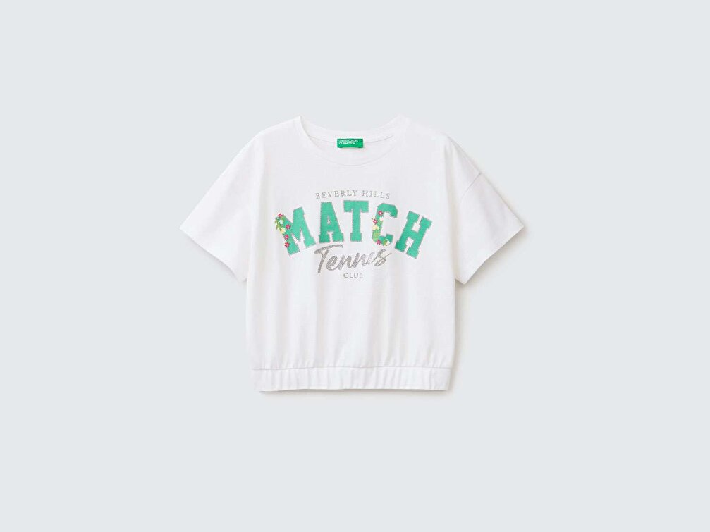 Benetton Kız Çocuk Beyaz Simli Slogan Baskılı Crop T-Shirt