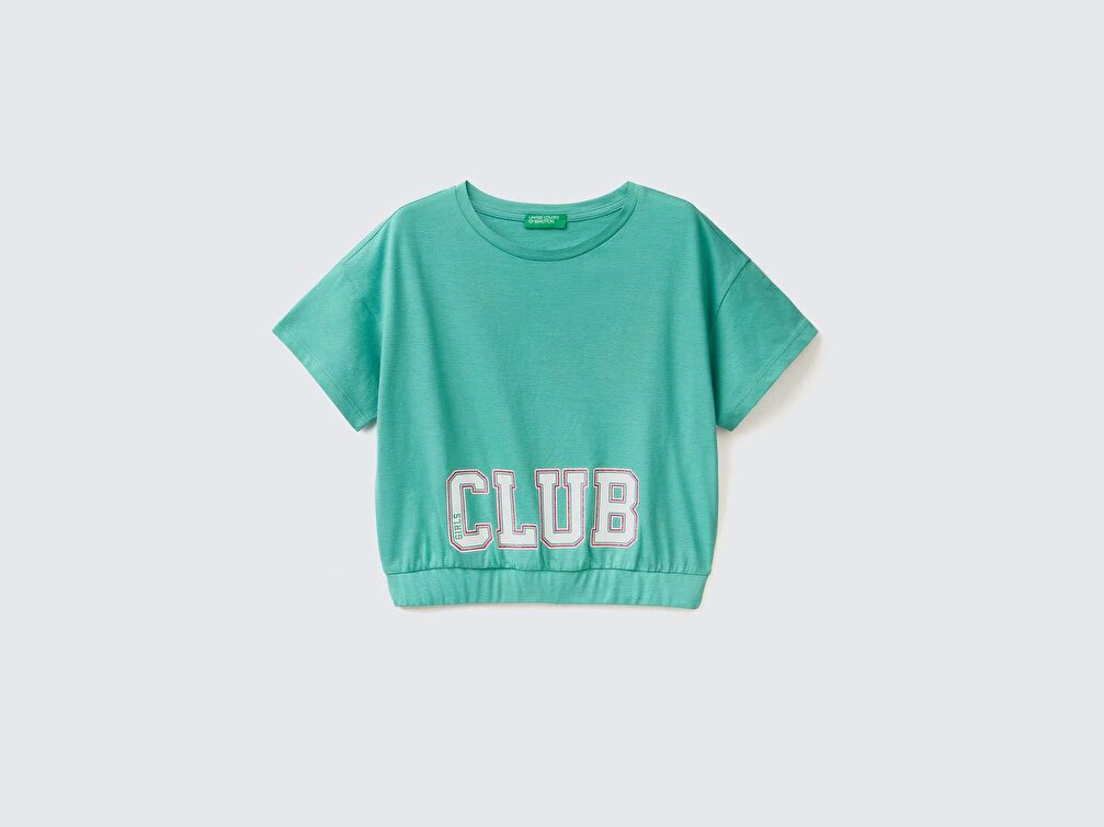 Benetton Kız Çocuk Yeşil Simli Slogan Baskılı Crop T-Shirt
