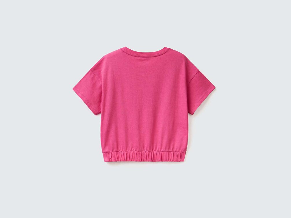 Benetton Kız Çocuk Fuşya Simli Slogan Baskılı Crop T-Shirt