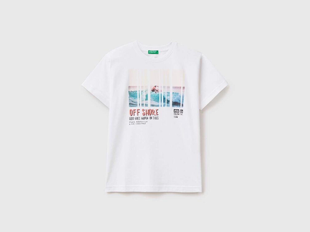 Benetton Erkek Çocuk Beyaz Beach Baskılı T-Shirt