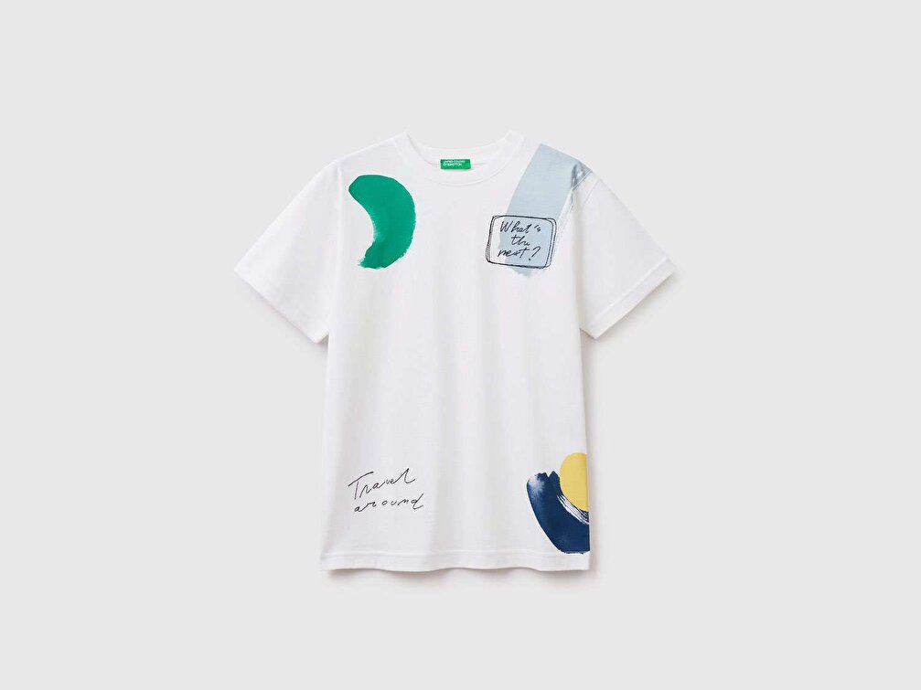 Benetton Erkek Çocuk Beyaz Slogan Baskılı T-Shirt