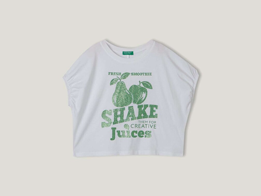 Benetton Kız Çocuk Beyaz Slogan Baskılı T-Shirt