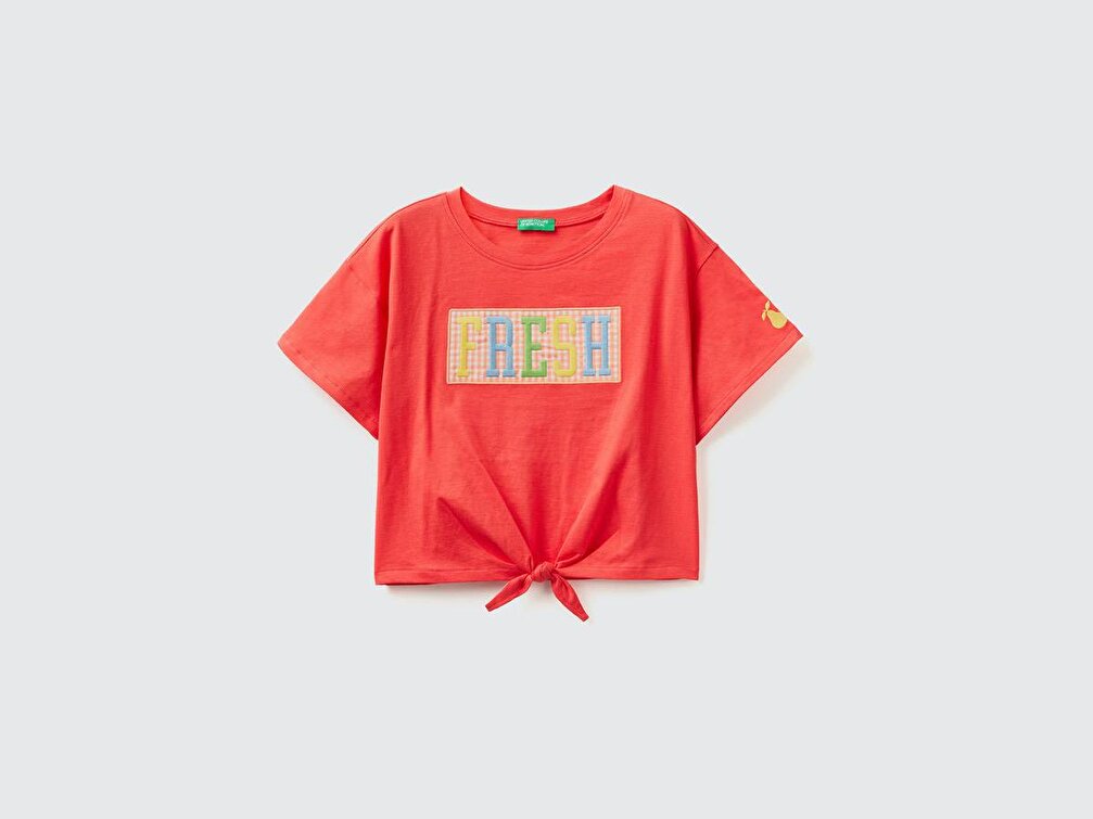 Benetton Kız Çocuk Pembe Önden Bağlamalı Renk Blok İşlemeli Crop T-Shirt