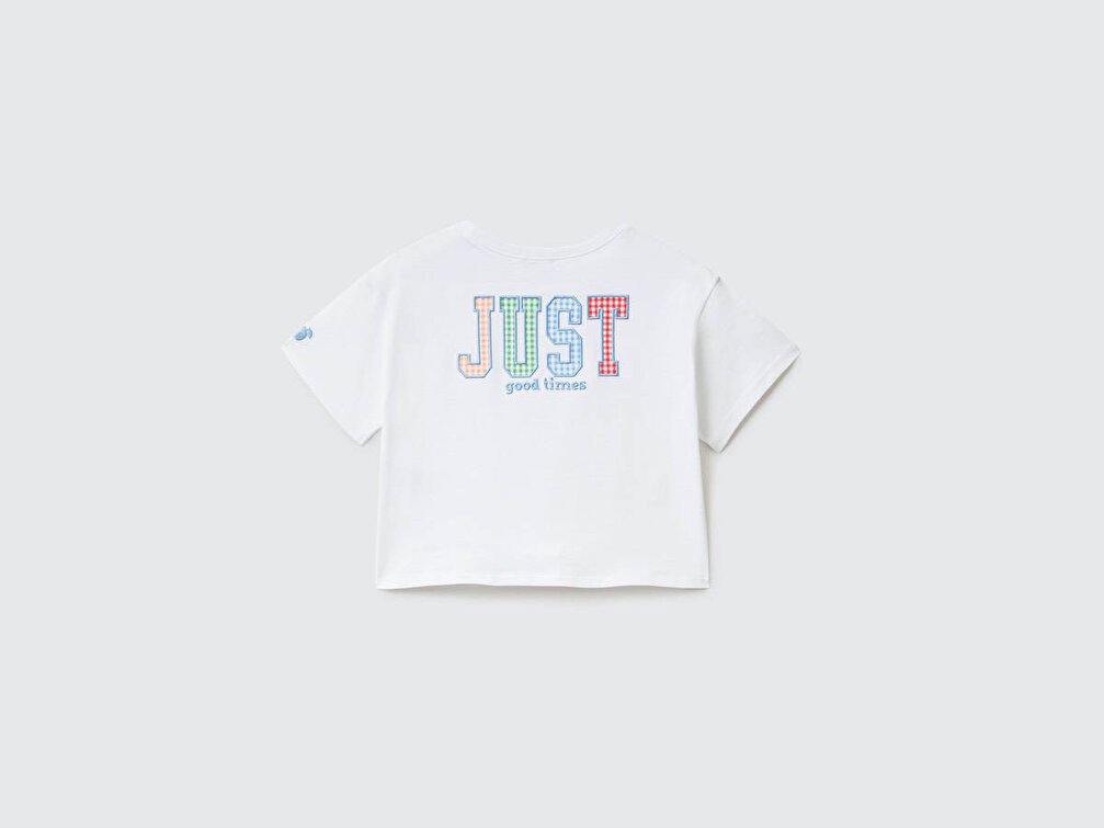 Benetton Kız Çocuk Beyaz Önden Bağlamalı Renk Blok İşlemeli Crop T-Shirt