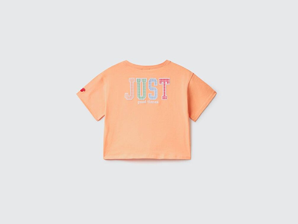 Benetton Kız Çocuk Yavruağzı Önden Bağlamalı Renk Blok İşlemeli Crop T-Shirt