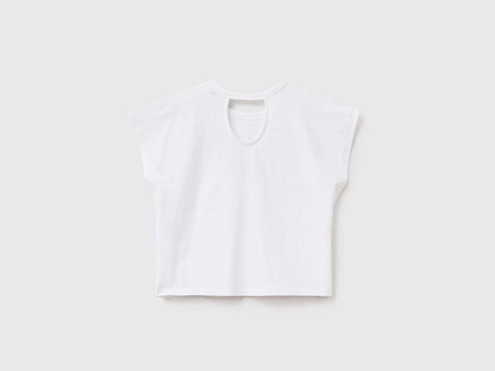 Benetton Kız Çocuk Beyaz Kroşe İşlemeli Slogan Baskılı T-Shirt