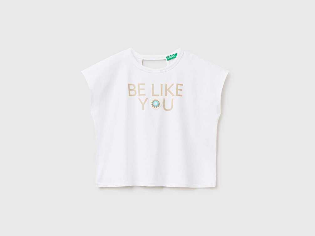 Benetton Kız Çocuk Beyaz Kroşe İşlemeli Slogan Baskılı T-Shirt