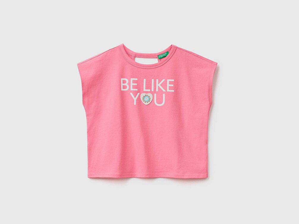 Benetton Kız Çocuk Pembe Kroşe İşlemeli Slogan Baskılı T-Shirt