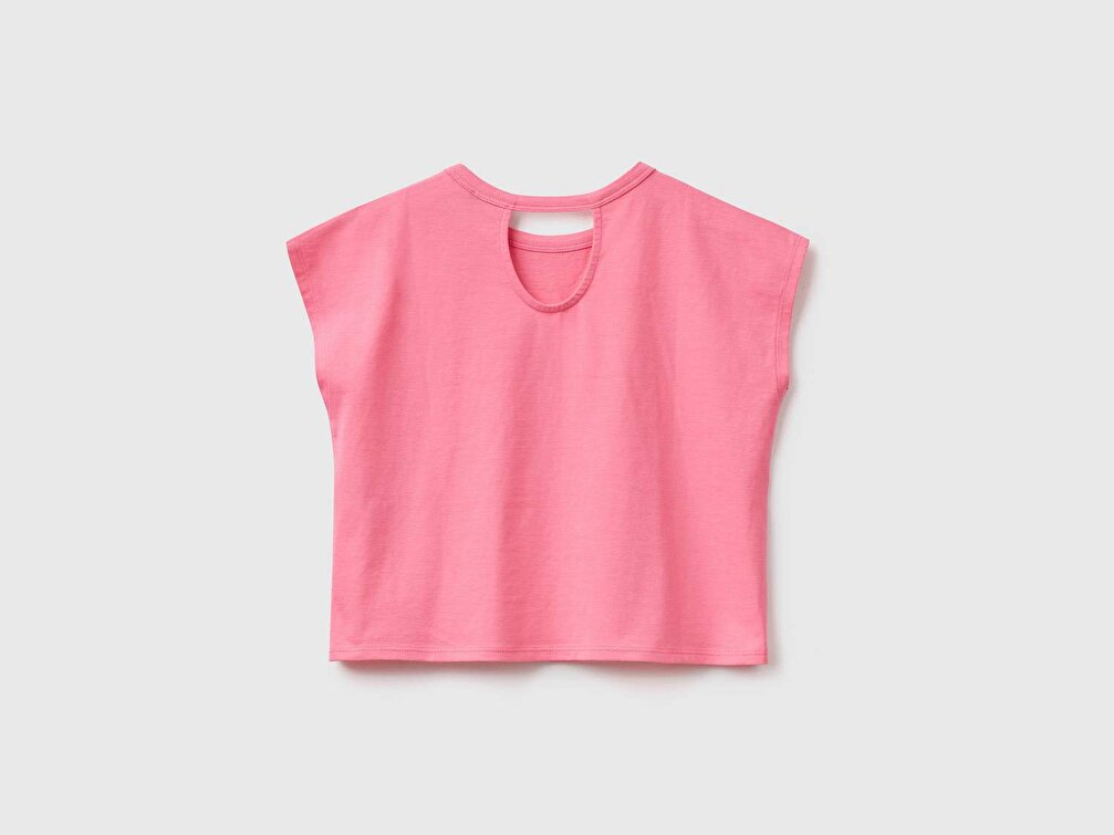 Benetton Kız Çocuk Pembe Kroşe İşlemeli Slogan Baskılı T-Shirt