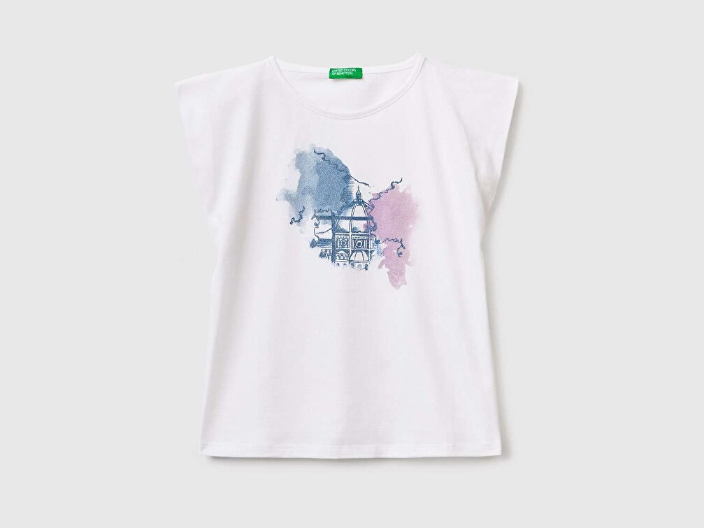 Benetton Kız Çocuk Beyaz Simli Slogan Su Baskılı T-Shirt