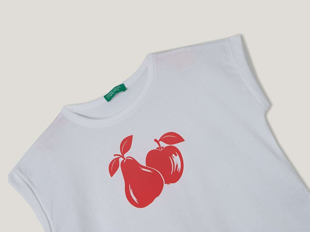 Benetton Kız Çocuk Beyaz Manşet Kollu Su Baskılı T-Shirt