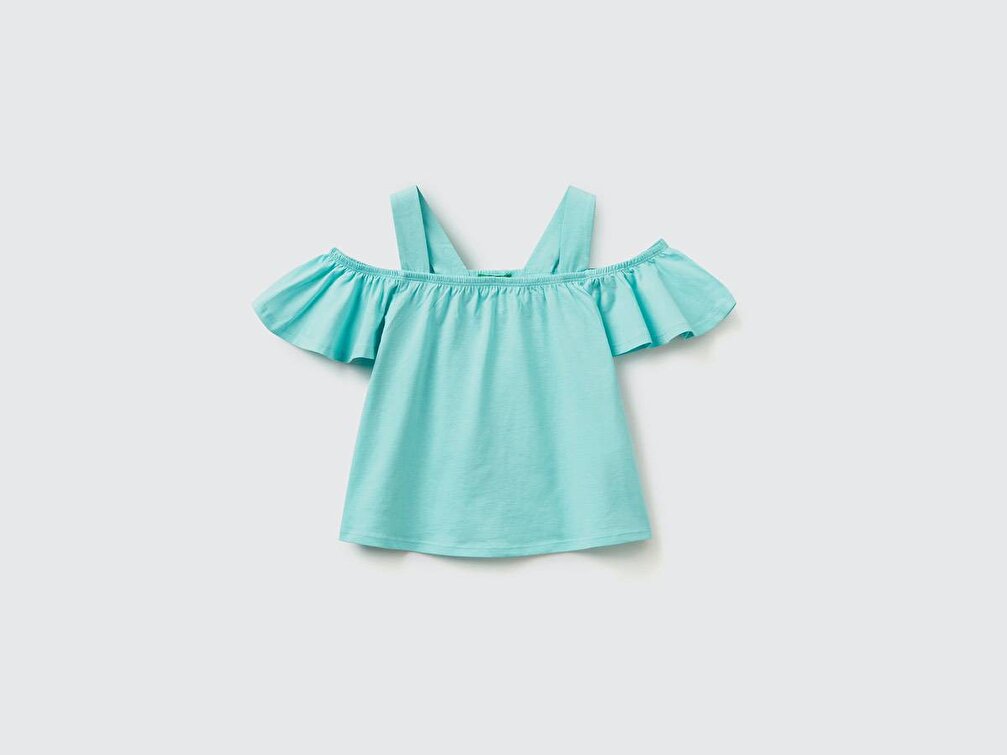 Benetton Kız Çocuk Su Yeşili Omzu Açık Crop Bluz