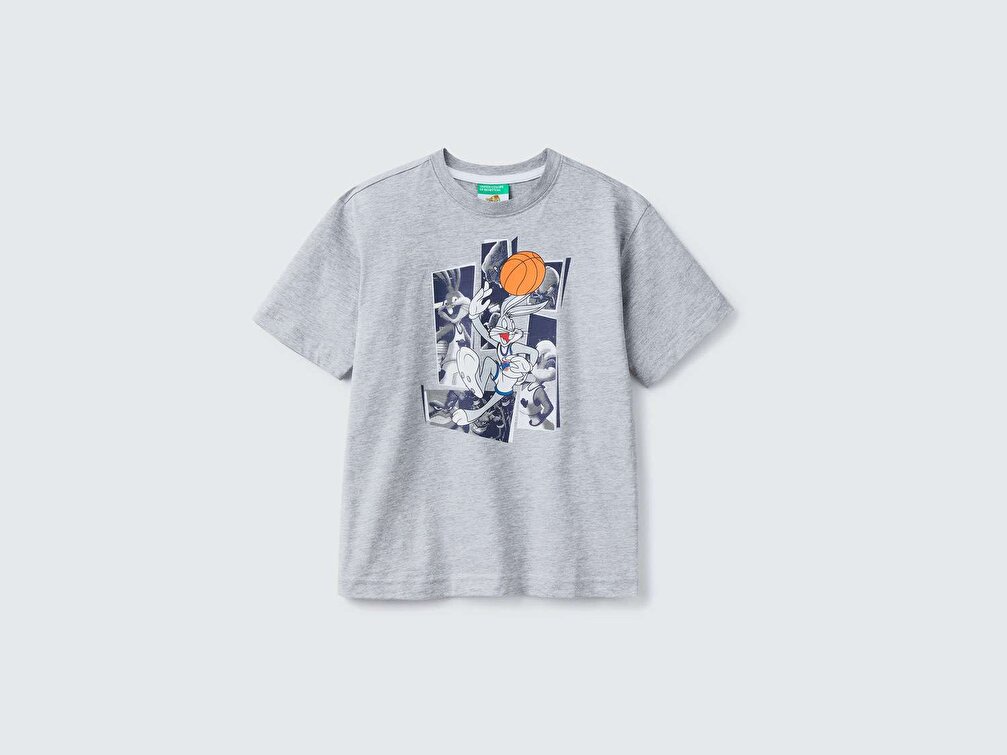 Benetton Erkek Çocuk Gri Melanj Space Jam Baskılı T-Shirt