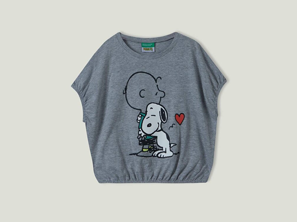 Benetton Kız Çocuk Gri Melanj Snoopy Baskılı T-Shirt