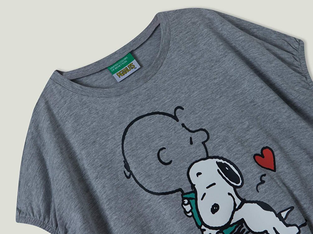 Benetton Kız Çocuk Gri Melanj Snoopy Baskılı T-Shirt