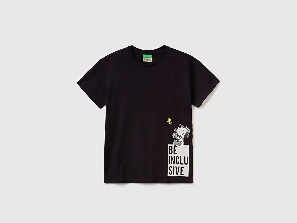 Benetton Kız Çocuk Siyah Snoopy Slogan Baskılı T-Shirt