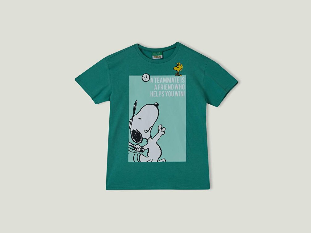 Benetton Kız Çocuk Yeşil Snoopy Slogan Baskılı T-Shirt