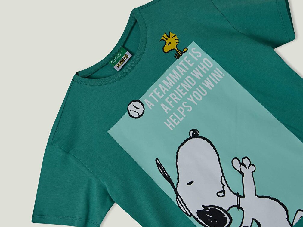 Benetton Kız Çocuk Yeşil Snoopy Slogan Baskılı T-Shirt
