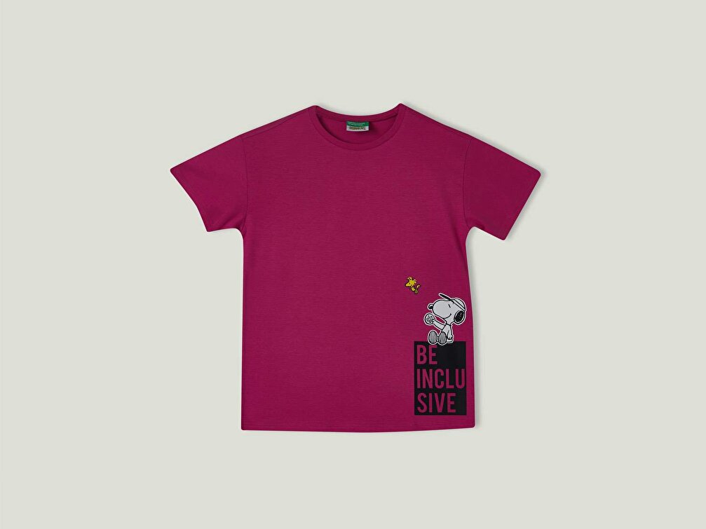 Benetton Kız Çocuk Fuşya Snoopy Slogan Baskılı T-Shirt