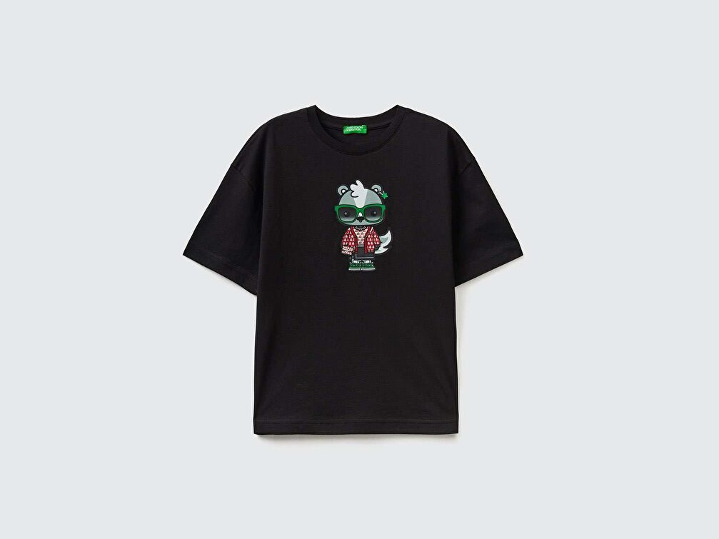 Benetton Erkek Çocuk Siyah Be Family Karakter Baskılı T-Shirt