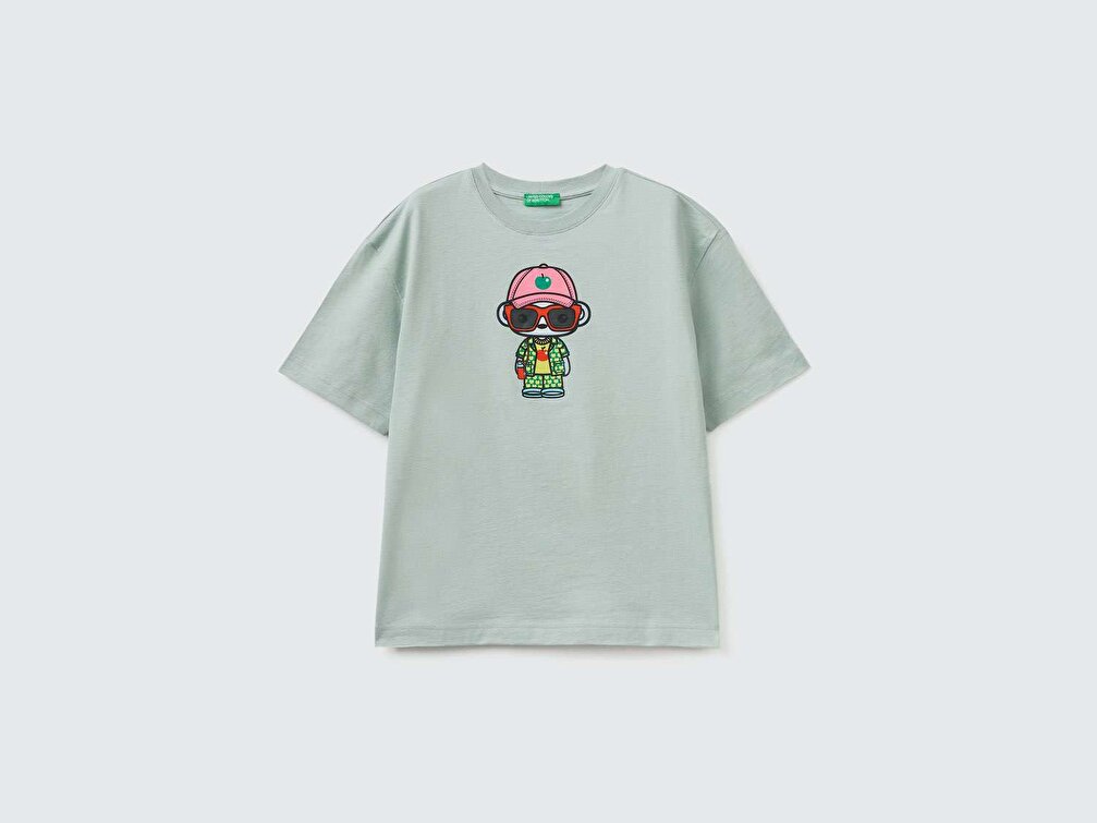 Benetton Erkek Çocuk Su Yeşili Be Family Karakter Baskılı T-Shirt
