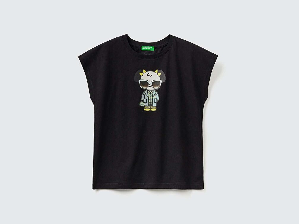 Benetton Kız Çocuk Siyah Be Family Karakter Baskılı T-Shirt