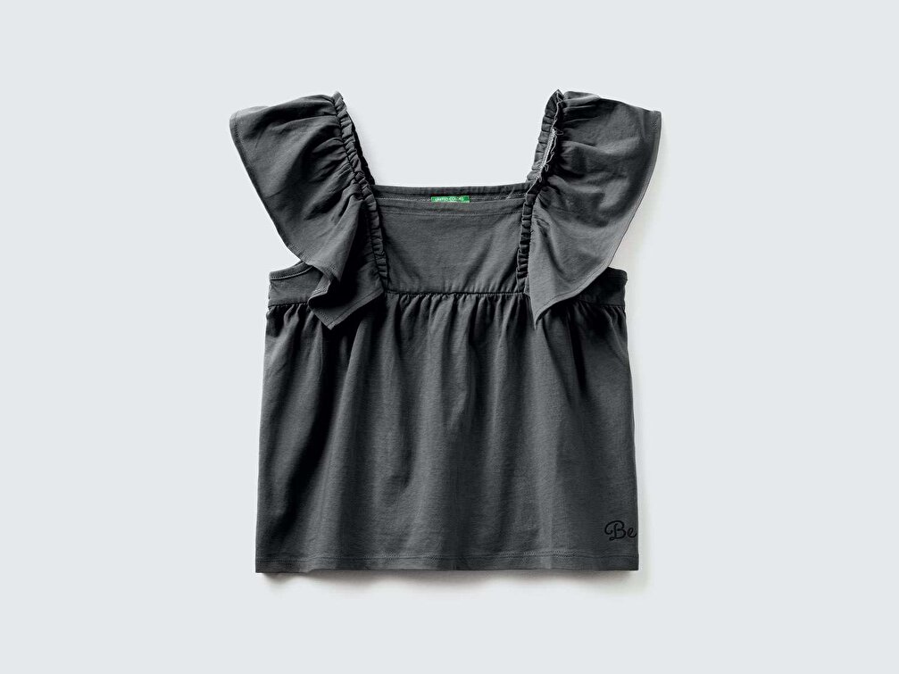 Benetton Kız Çocuk Antrasit Omzu Fırfır Detaylı Penye T-Shirt