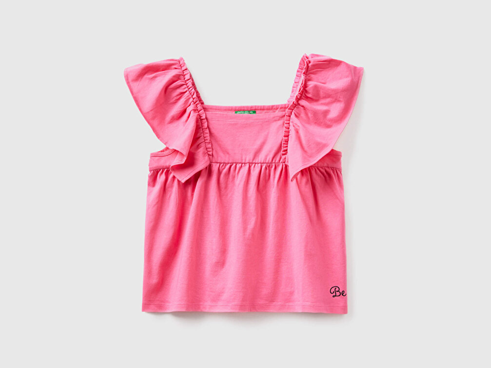 Benetton Kız Çocuk Fuşya Omzu Fırfır Detaylı Penye T-Shirt