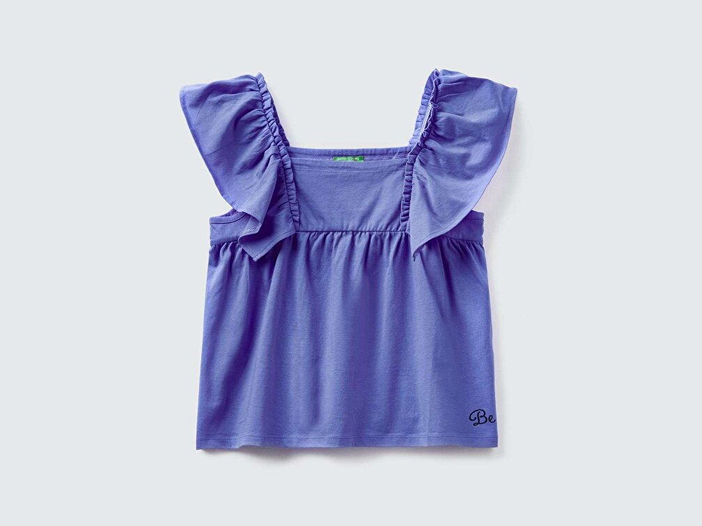 Benetton Kız Çocuk Mavi Omzu Fırfır Detaylı Penye T-Shirt