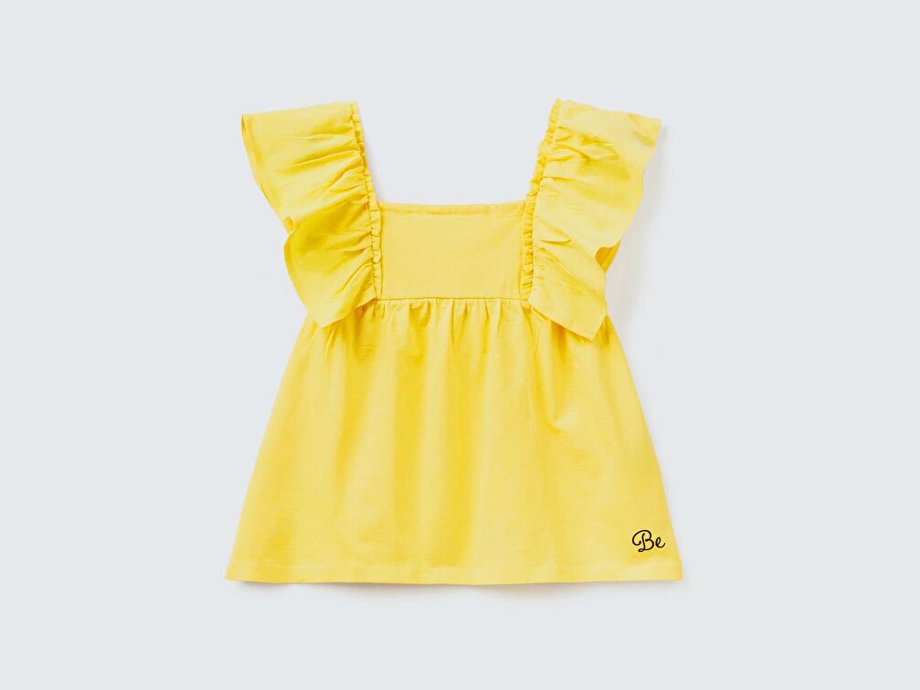 Benetton Kız Çocuk Sarı Omzu Fırfır Detaylı Penye T-Shirt