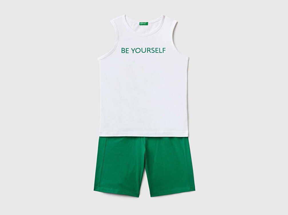 Benetton Erkek Çocuk Beyaz Slogan Yazı Baskılı Atlet Şort Takım