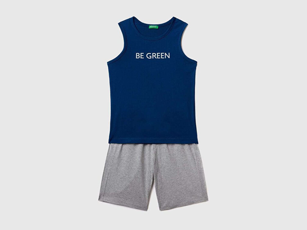 Benetton Erkek Çocuk Lacivert Slogan Yazı Baskılı Atlet Şort Takım