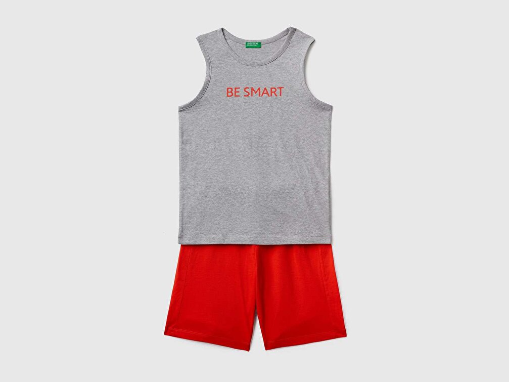 Benetton Erkek Çocuk Gri Melanj Slogan Yazı Baskılı Atlet Şort Takım