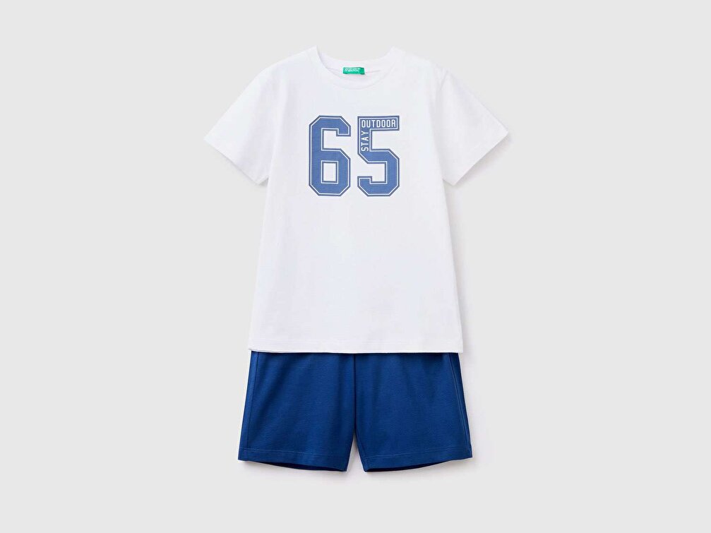 Benetton Erkek Çocuk Beyaz Slogan Yazı Baskılı T-Shirt Şort Takım