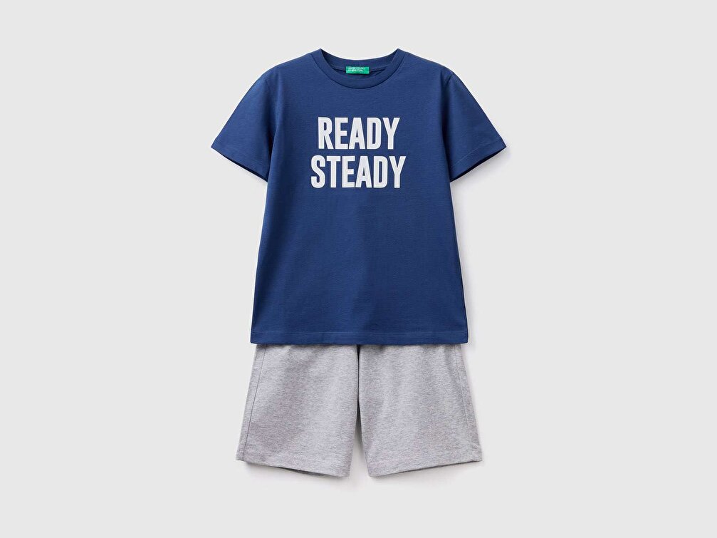 Benetton Erkek Çocuk Lacivert Slogan Yazı Baskılı T-Shirt Şort Takım