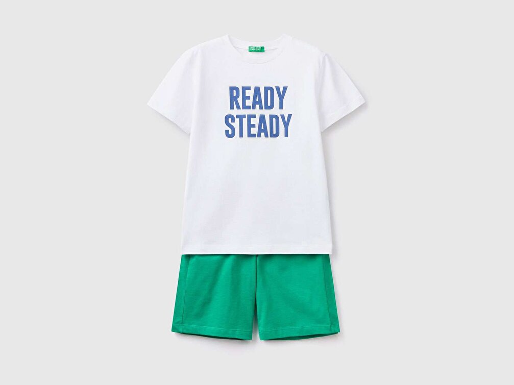 Benetton Erkek Çocuk Yeşil Slogan Yazı Baskılı T-Shirt Şort Takım