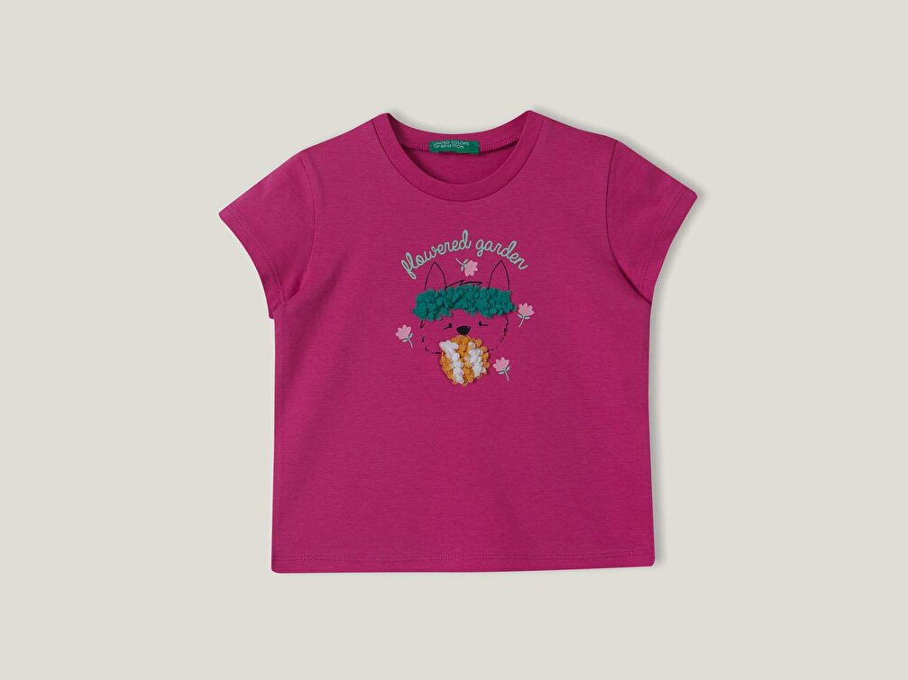 Benetton Kız Çocuk Fuşya Taç Yaprağı Aplikeli T-Shirt
