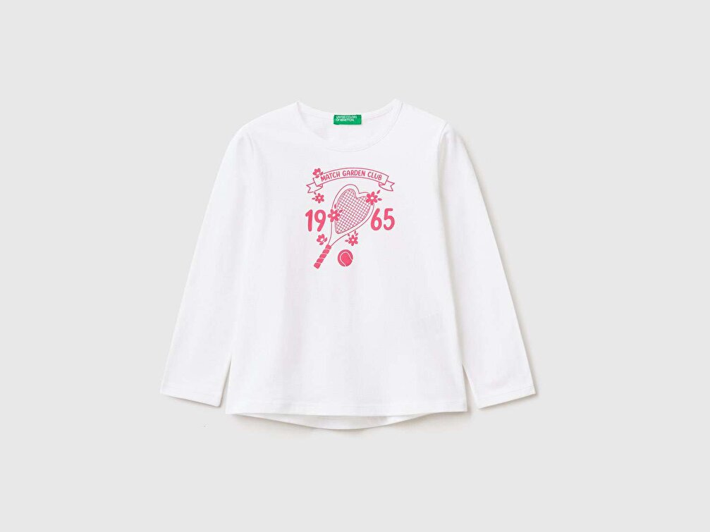 Benetton Kız Çocuk Beyaz Su Baskılı T-Shirt