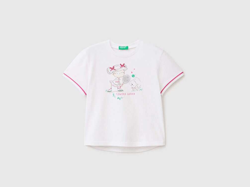 Benetton Kız Çocuk Beyaz Su Baskılı Aplikeli T-Shirt