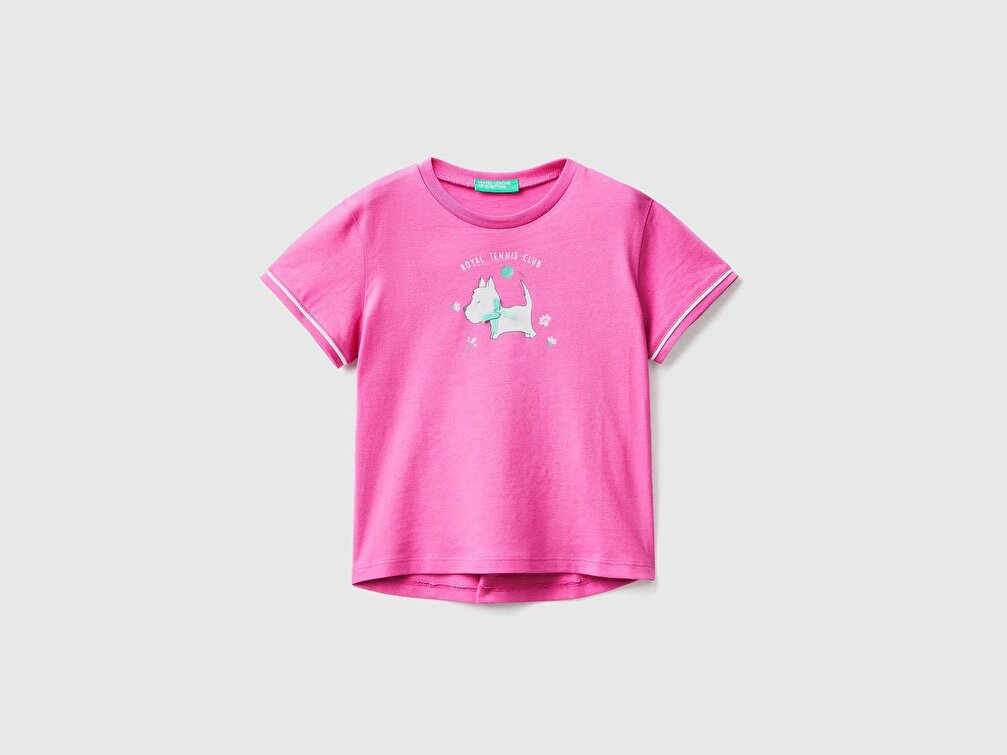 Benetton Kız Çocuk Fuşya Su Baskılı Aplikeli T-Shirt