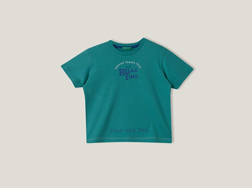 Benetton Erkek Çocuk Yeşil Dikiş Detaylı Slogan Baskılı T-Shirt