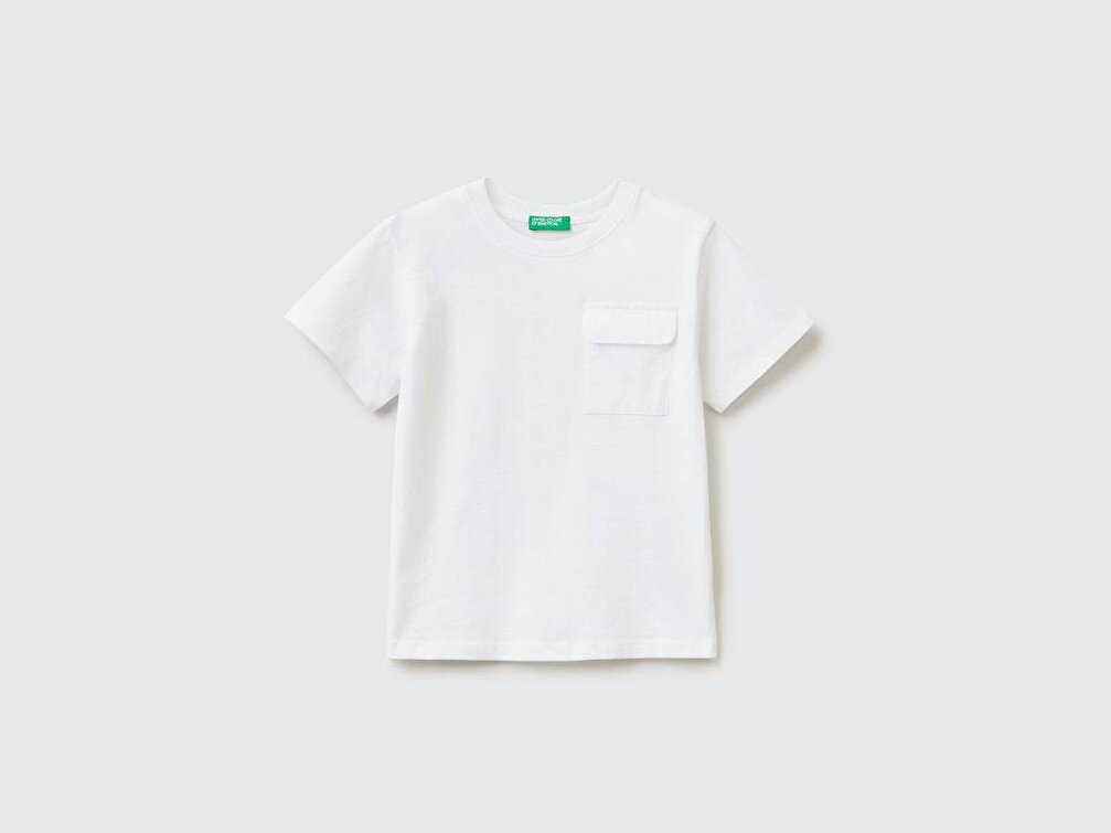 Benetton Erkek Çocuk Beyaz Omzu Slogan Baskılı Cepli T-Shirt