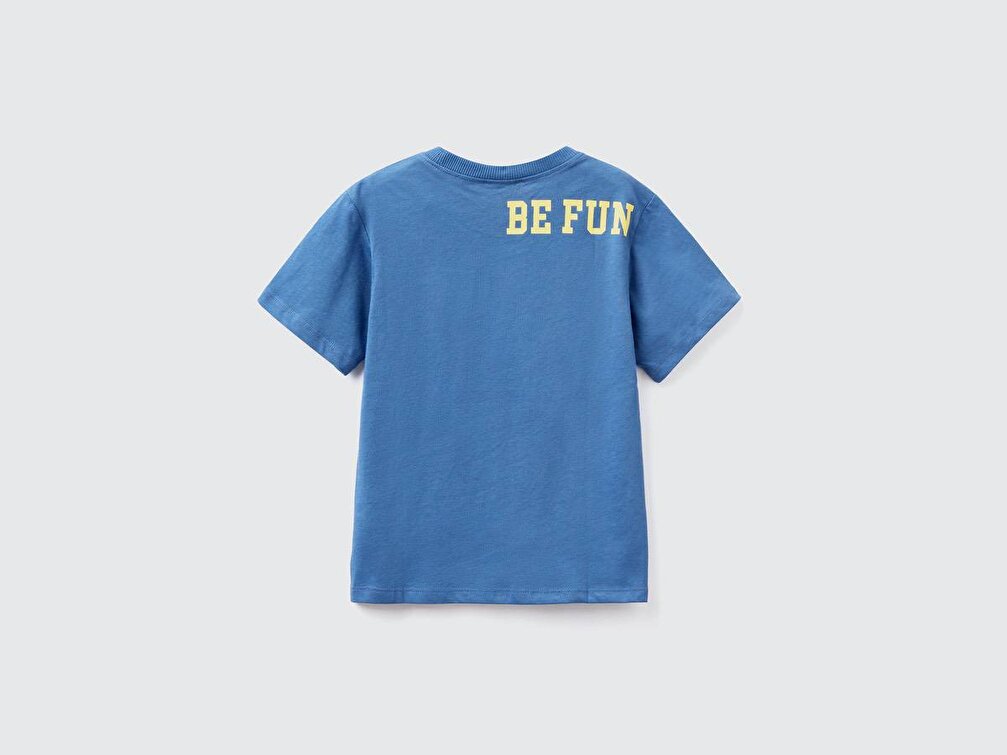 Benetton Erkek Çocuk Saks Mavi Omzu Slogan Baskılı Cepli T-Shirt